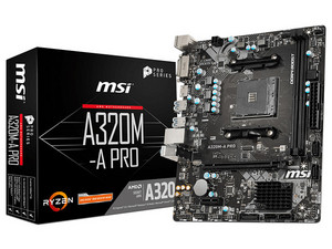 MSI A320M-A PRO Motherboard, AMD A320 Chipset, Supports: AMD Ryzen 1st, 2nd and 3rd Generation, Socket AM4, DDR4 3200(OC)/2667(OC)/1866MHz Memory, 64GB Max, Integrated: HD Audio, Network , USB 3.2, SATA 3.0, Micro-ATX, Ports: 1x PCIe3.0x16, 1x PCIe2.0x1.