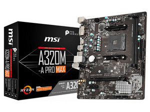 T. MSI A320M-A PRO MAX Motherboard, AMD A320 Chipset, Supports: AMD Ryzen 1st, 2nd and 3rd Generation, Socket AM4, DDR4 3200/2667/1866MHz Memory, 32GB Max, Integrated: HD Audio, Network, USB 3.2, SATA 3.0, M.2, Micro-ATX, Ports: 1x PCIe3.0x16, 1x PCIe2.0x1.