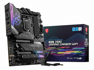 T. MSI MPG Z590 GAMING CARBON WI-FI Motherboard, Intel Z590 Chipset, Supports: 11th and 10th Generation Intel Processors, Memory: DDR4 5333/3200/2133 MHz, 128GB Max, Integrated: HD Audio, Network, Wi-Fi, USB 3.1, SATA 3.0, ATX, Pts: 3xPCIE3.0x16, 2xPCIE3.0x1.