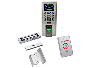Control de acceso con validación de tarjetas mifare ZKTECO F18MFPAK, incluye chapa magnética de 180 Kg, soporte de fijación y botón de salida táctil.