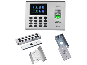 Kit de Control de Asistencia ZKTeco K40YMPAK, acceso simple con validación por huella, incluye chapa magnética de 280 kg, soporte ZL para fijación, y Botón de Salida.