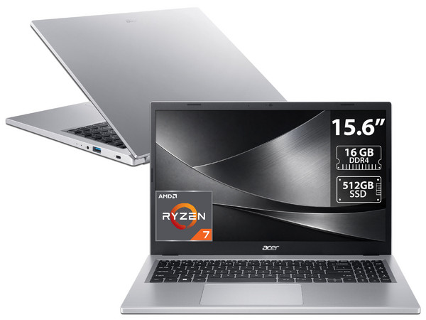 Laptop Acer Aspire 3: 
Procesador AMD Ryzen 7 7730U (hasta 4.5 GHz), 
Memoria de 16GB DDR4, 
SSD de 512GB, 
Pantalla de 15.6