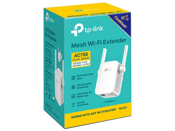 Extensor de Alcance Inalámbrico TP-LINK RE205 V4.4, Doble Banda, Wireless AC750 (Wi-Fi 5), Hasta 750Mbps, 1 Puerto RJ-45. Color Blanco.