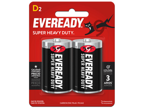 Paquete de 2 Baterías Eveready Super Heavy Duty D de 1.5V.