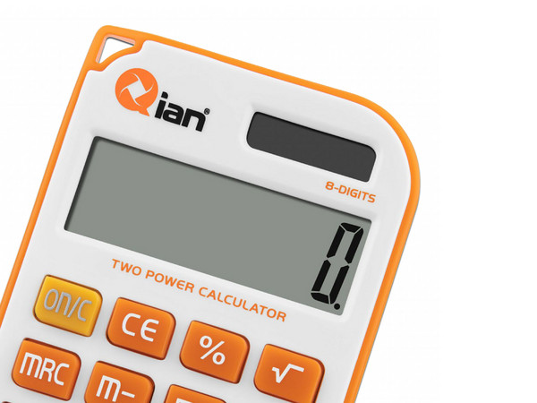 Calculadora de Mano Qian QYD-164EC-01, 8 Dígitos, Teclas de Plástico, Batería Solar. Color Blanco y Naranja.