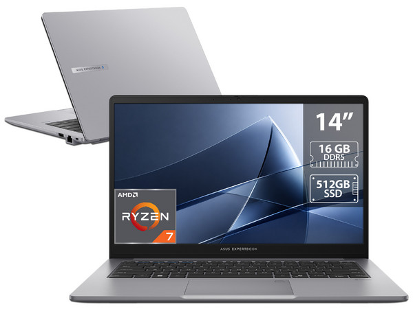 Laptop ASUS ExpertBook PM1403CDA:
Procesador AMD Ryzen 7 170 (hasta 4.75 GHz),
Memoria de 16GB DDR5,
SSD de 512GB,
Pantalla de 14