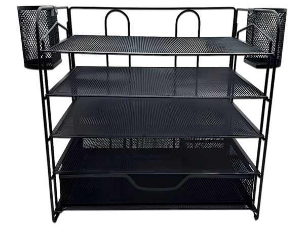 Organizador Nextep NE-169X de Malla Metálica, 5 Niveles para Documentos, Con Cajón y Portalápices. Color Negro.