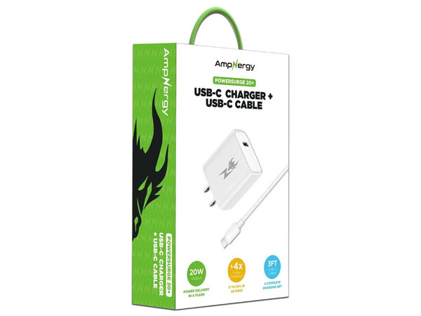 Cargador de Pared AmpNergy ACGTRACCMO05PW de 20W, USB Tipo C, Cable Incluido. Color Blanco.