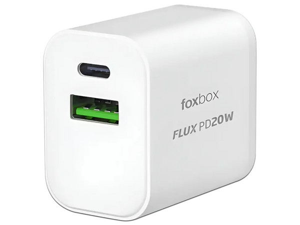 Cargador de Pared Foxbox Flux PD20W de 20W, Tipo I (en V), USB Tipo C y USB Tipo A, 20W. Color Blanco.