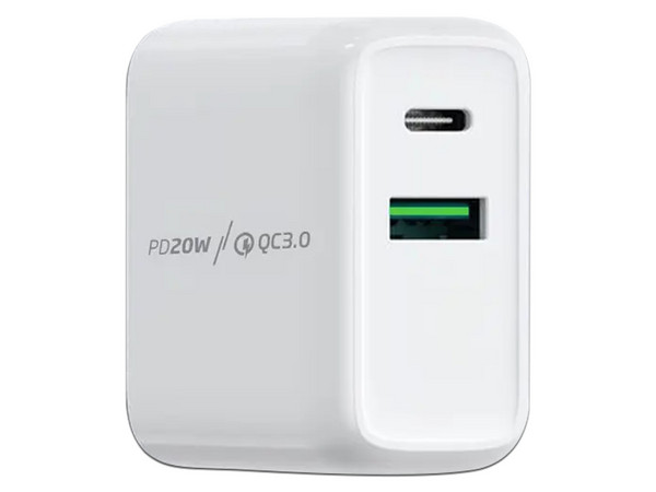 Cargador de Pared Foxbox Flux PD20W de 20W, Tipo I (en V), USB Tipo C y USB Tipo A, 20W. Color Blanco.