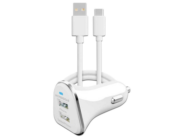 Cargador de Auto HyperGear 16026, 2 Puertos USB Tipo A, Incluye Cable USB Tipo C de 90cm, Color Blanco.
