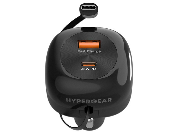 Cargador de Auto HyperGear 16250 de 30W, Puerto USB Tipo C, Puerto USB Tipo A, Cable USB Tipo C Retráctil de 80cm. Color Negro.