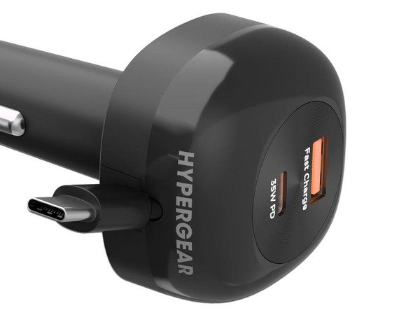 Cargador de Auto HyperGear 16250 de 30W, Puerto USB Tipo C, Puerto USB Tipo A, Cable USB Tipo C Retráctil de 80cm. Color Negro.