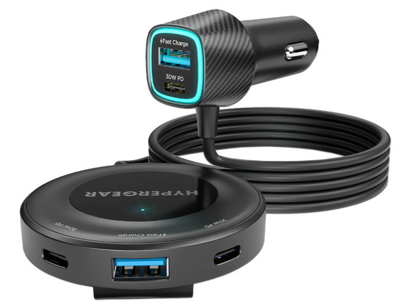 Cargador de Auto HyperGear 16352 de 98W, 3 Puertos USB Tipo C, 2 Puertos USB Tipo A, Cable de 1.5m. Color Negro.