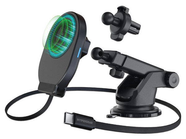Soporte Magnético de Auto y Cargador Inalámbrico HyperGear de 15W, Ajustable, MagSafe. Color Negro.