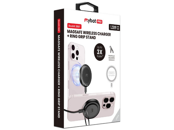 Cargador Inalámbrico MYBAT Mag Dockit, MagSafe de 15W, Anillo con Rotación de 360 Grados. Color Negro.