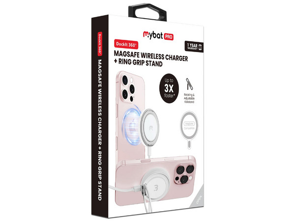 Cargador Inalámbrico MYBAT Mag Dockit, MagSafe de 15W, Anillo con Rotación de 360 Grados. Color Blanco.
