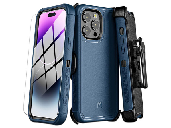 Funda MyBat Pro Maverick para iPhone 14 Pro, Incluye Mica de Cristal Templado, Uso Rudo, Color Azul.