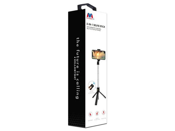 Soporte MYBAT Tripié Telescópico Selfie Stick Universal para Teléfonos, Ajustable 360°, Brazo Extensible hasta 68cm, Control Remoto Bluetooth, Color Negro.