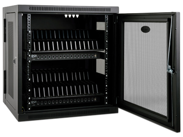 Gabinete Estación de Carga USB TrippLite para 32 Dispositivos con Sincronización para Tabletas iPad y Android, Opciones para Instalación en Pared y para Carro. Color Negro.
