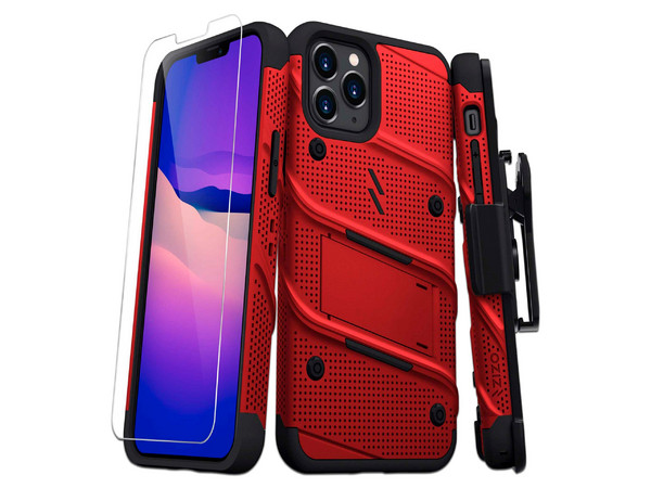 Funda ZIZO Bolt para iPhone 12 y iPhone 12 Pro, con clip y mica de pantalla. Color Rojo/Negro.