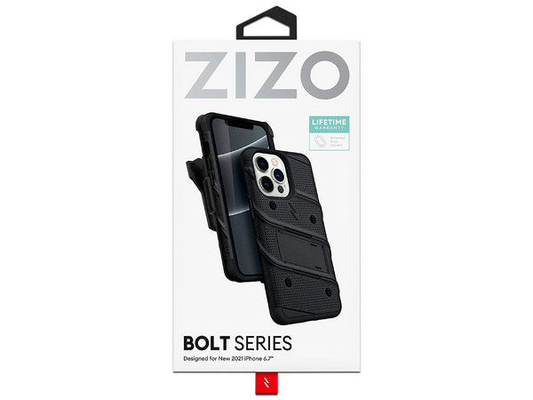 Funda Zizo Bolt para iPhone 13 Pro Max, con clip y mica de pantalla. Color Negro