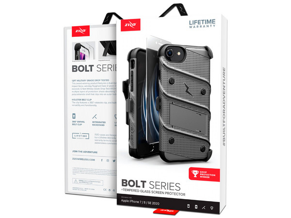 Funda ZIZO Bolt para iPhone SE2/8/7/6s/6 con clip, incluye mica protectora. Color Gris/Negro.