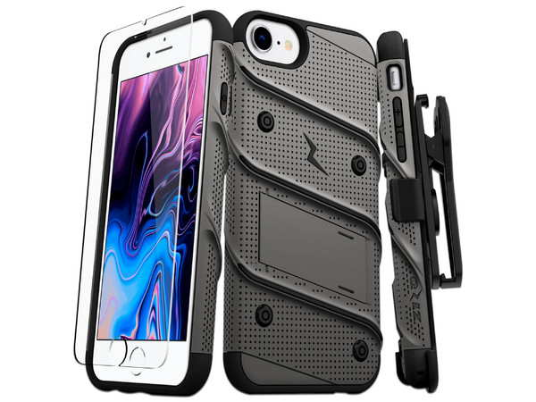 Funda ZIZO Bolt para iPhone SE2/8/7/6s/6 con clip, incluye mica protectora. Color Gris/Negro.