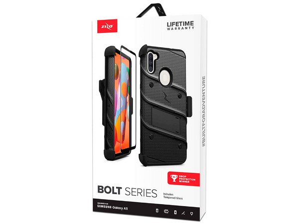 Funda ZIZO Bolt para SAMSUNG A11 con clip y mica de pantalla, Color Negro.