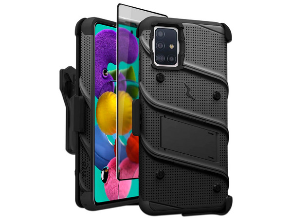 Funda ZIZO Bolt para Samsung A51, con clip y mica de pantalla. Color Negro.