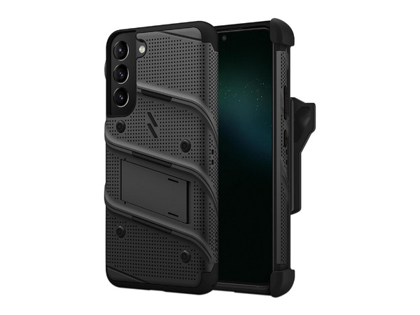 Funda Zizo Bolt para Samsung S22 con Clip giratorio y Mica de cristal templado. Color Negro.
