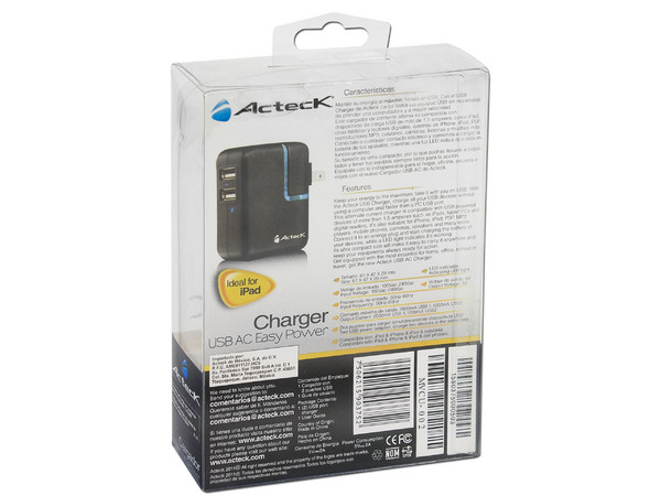 Cargador de Pared Acteck Easy Power con 2 puertos USB.