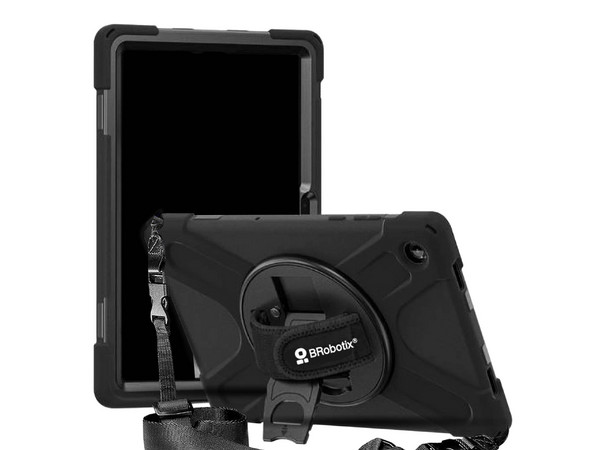 Funda Protectora Brobotix para Samsung Galaxy A11+, Uso rudo, Con correa y giro de 360 grados, Color Negro.