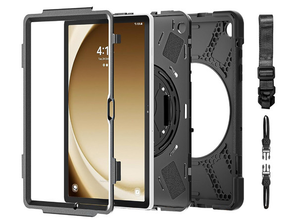 Funda Brobotix de uso rudo para Samsung A9+ con giro y correa. Color Negro.