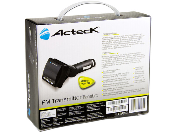 Transmisor de FM para Automóvil Acteck Transbit T400, Compatible con tarjetas SD, USB y 2.5mm incluye control remoto.