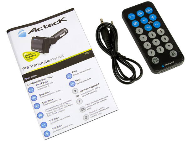 Transmisor de FM para Automóvil Acteck Transbit T400, Compatible con tarjetas SD, USB y 2.5mm incluye control remoto.