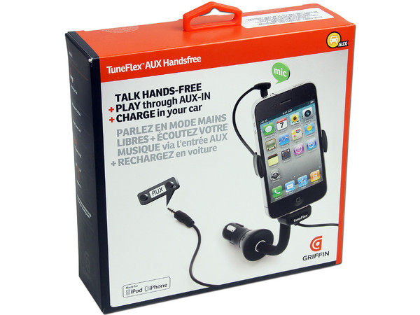 Griffin TuneFlex AUX Escucha tu iPod cuando está en la base dock, cárgalo y usa tu iPhone con las manos libres en tu coche. 