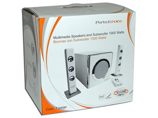 Bocinas Perfect Choice 2.1, 1000 Watts PMPO, Subwoofer de madera, control remoto con cable. Ideales para iPod