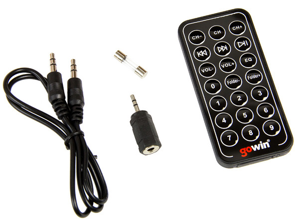 Transmisor de FM para Automóvil Gowin, Compatible con tarjetas SD y USB, incluye control remoto.