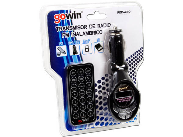 Transmisor de FM para Automóvil Gowin, Compatible con tarjetas SD y USB, incluye control remoto.