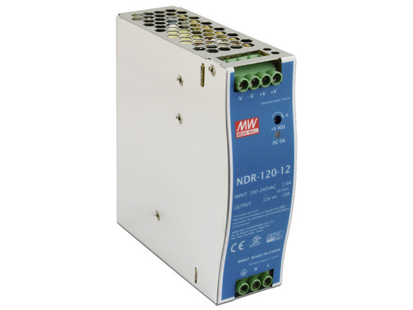 Fuente de poder industrial de 120 W, salida 12 Vcc, entrada 90-264 VCA, para montaje en riel DIN.