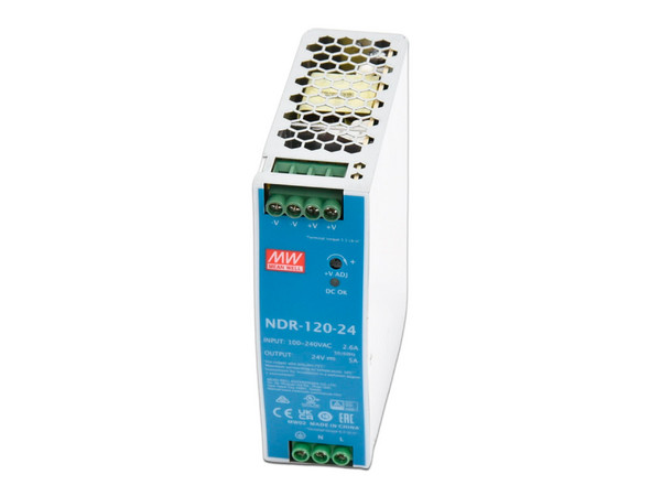 Fuente de Poder industrial MEAN WELL NDR-120-24, 120W, 24 Vcc, Montaje en Riel.