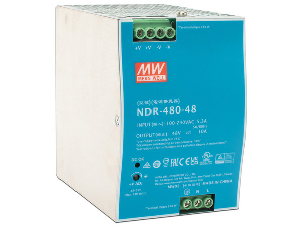 Fuente de Poder Industrial Mean Well de 480W, salida 48 Vcc, para montaje en riel.