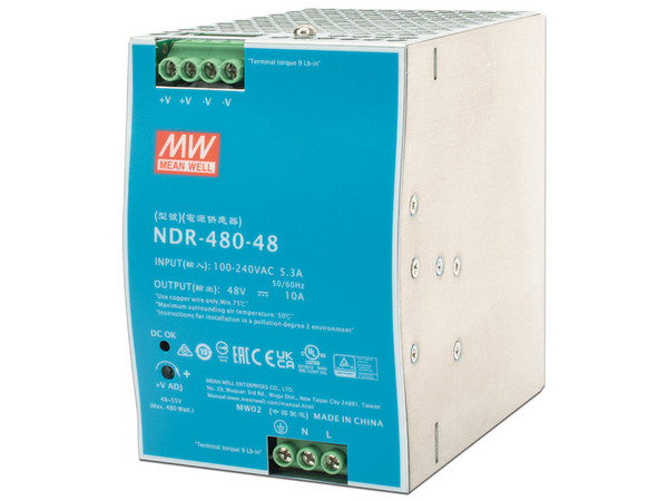 Fuente de Poder Industrial Mean Well de 480W, salida 48 Vcc, para montaje en riel.