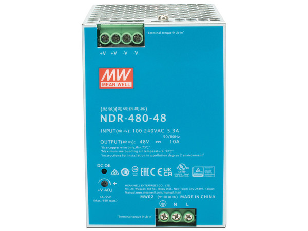 Fuente de Poder Industrial Mean Well de 480W, salida 48 Vcc, para montaje en riel.