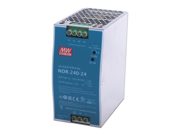 Fuente de Poder Industrial Mean Well de 240W, Salida de 24Vcc, 10A, Montaje en Riel Din.