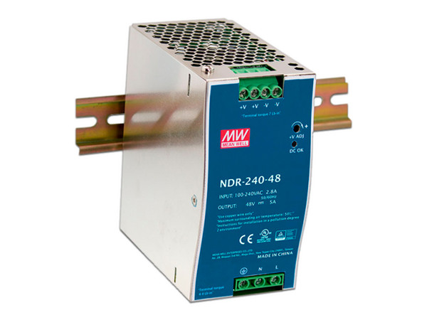 Fuente de Poder Industrial MEAN WELL de 240W, 48Vcc, 5A, Para Montaje Riel DIN.
