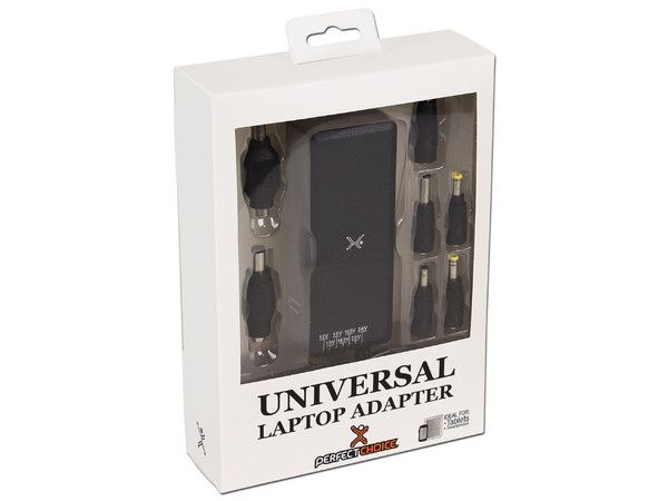 Adaptador de Corriente Universal Perfect Choice con puntas intercambiables y puerto USB de carga.