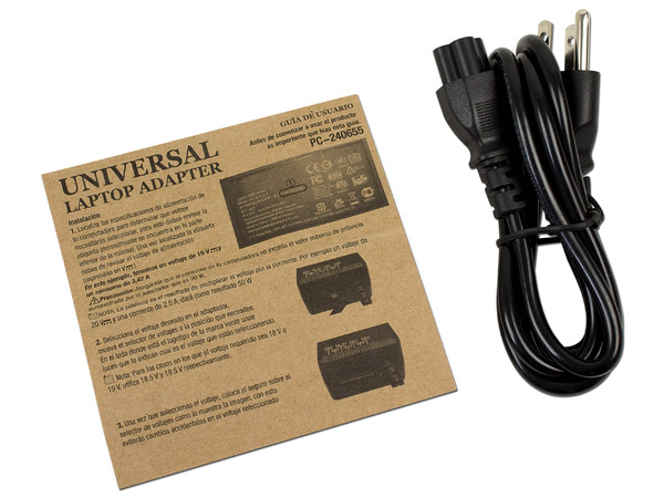 Adaptador de Corriente Universal Perfect Choice con puntas intercambiables y puerto USB de carga.