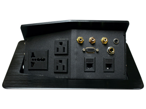 Panel Con Conectores de Escritorio PT502, 3 AC, VGA, 3 RCA, 2 Red, Color Negro.